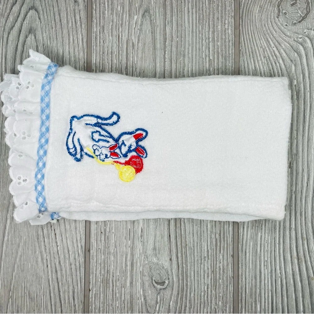 8 vintage hand made baby burp clothes / wash cloths embroidered / crochet / sewn